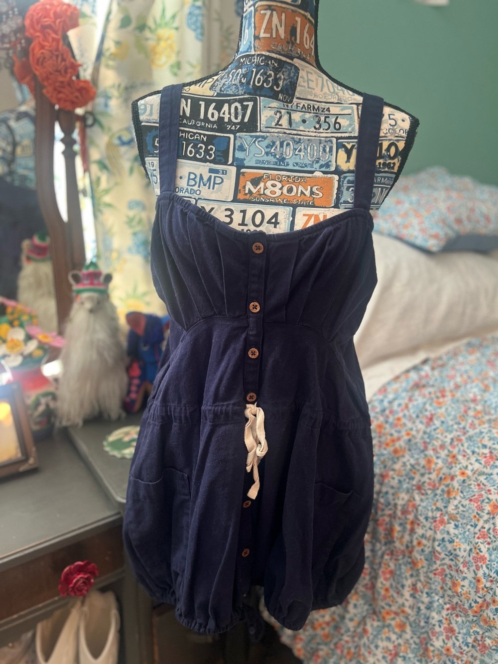 Free People Navy Button-Front Mini Dress with Drawstring